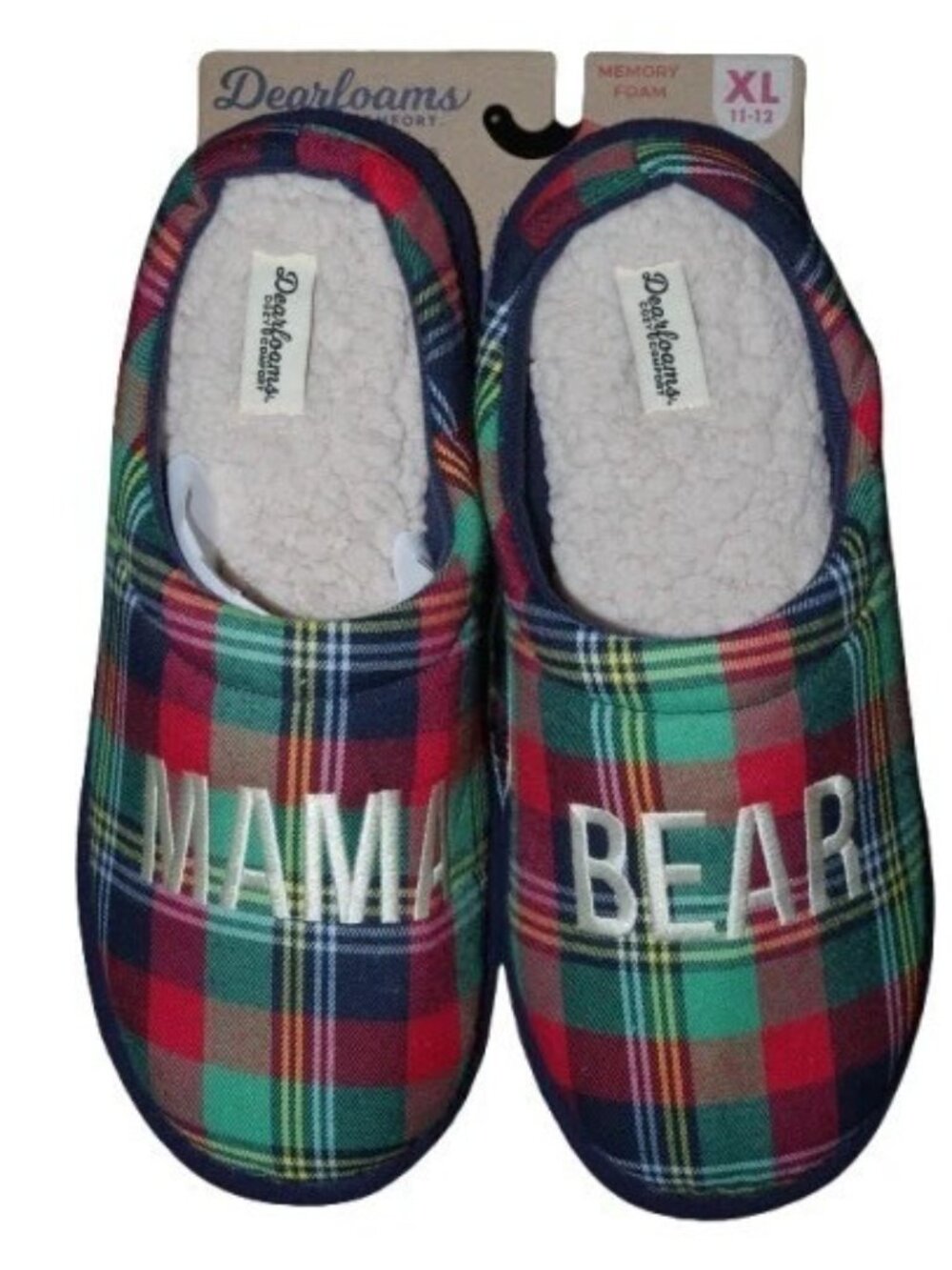 Dearfoams Size XL 11-12 Mama Bear Plaid Slippers Red Green Yellow White